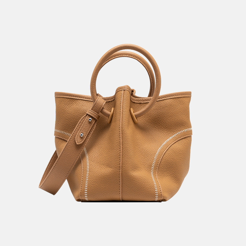 Mavora Women's Basket Bag Top-Grain Cowhide Leather Open Top Ring Handle - 7.9 Inch