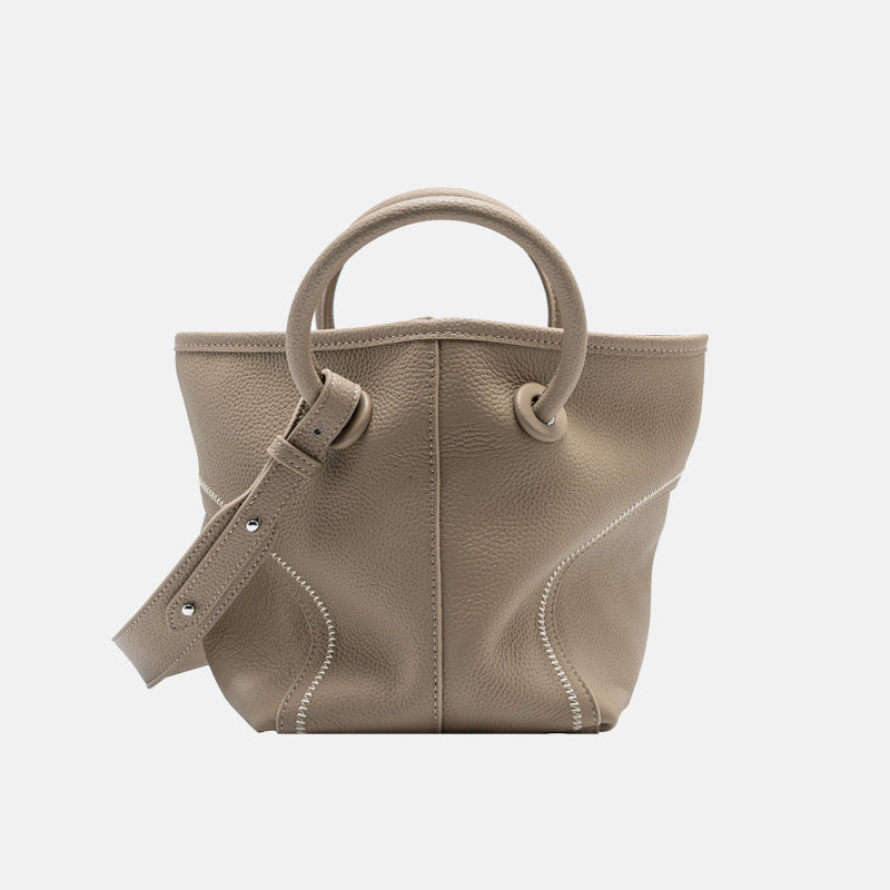 Mavora Women's Basket Bag Top-Grain Cowhide Leather Open Top Ring Handle - 7.9 Inch