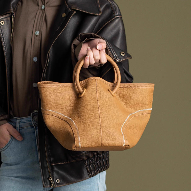 Mavora Women's Basket Bag Top-Grain Cowhide Leather Open Top Ring Handle - 7.9 Inch