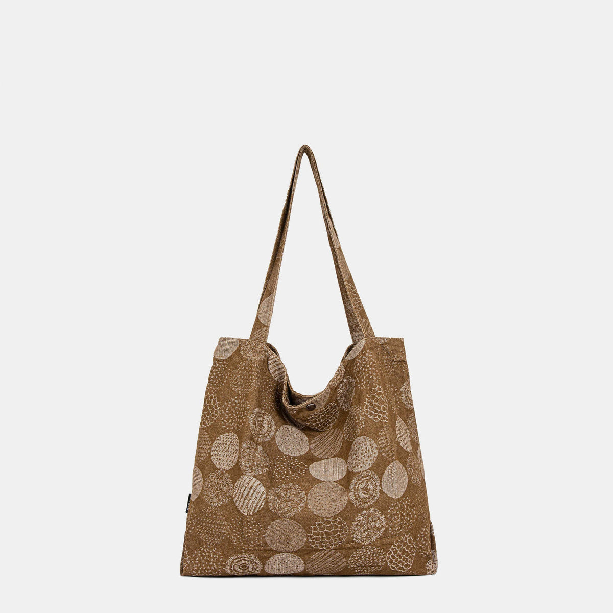 Morvea women's fabric tote bag with embroidered circle pattern and snap closure in brown