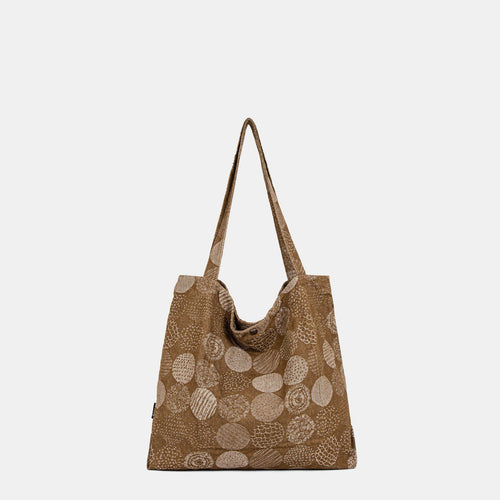Morvea women's fabric tote bag with embroidered circle pattern and snap closure in brown