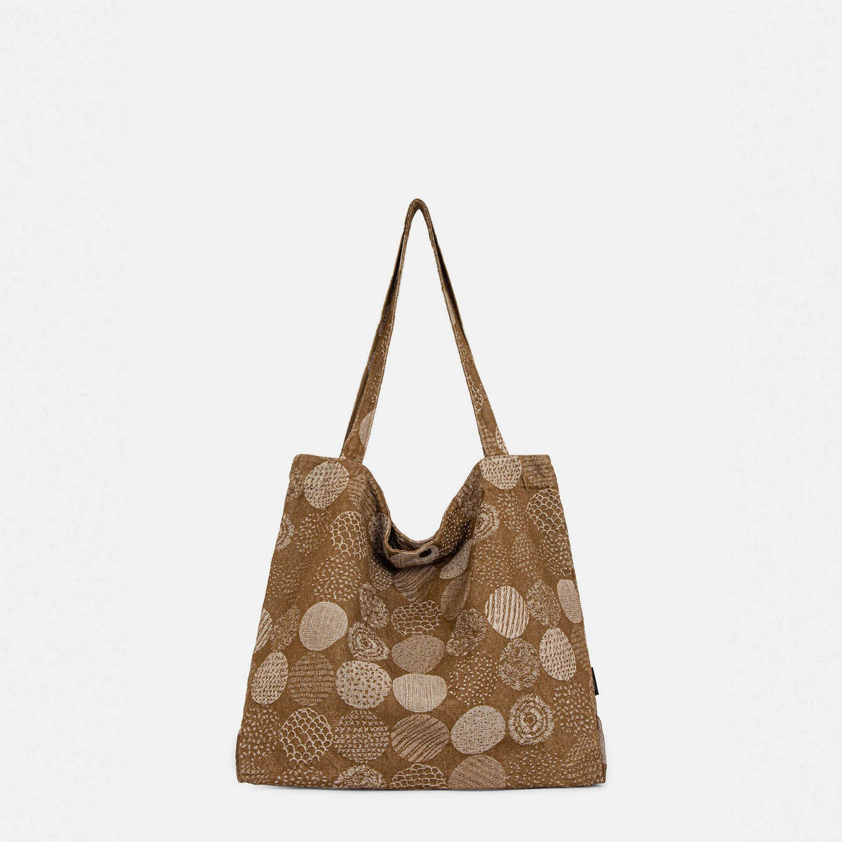 Morvea women's fabric tote bag with embroidered circle pattern and snap closure in brown