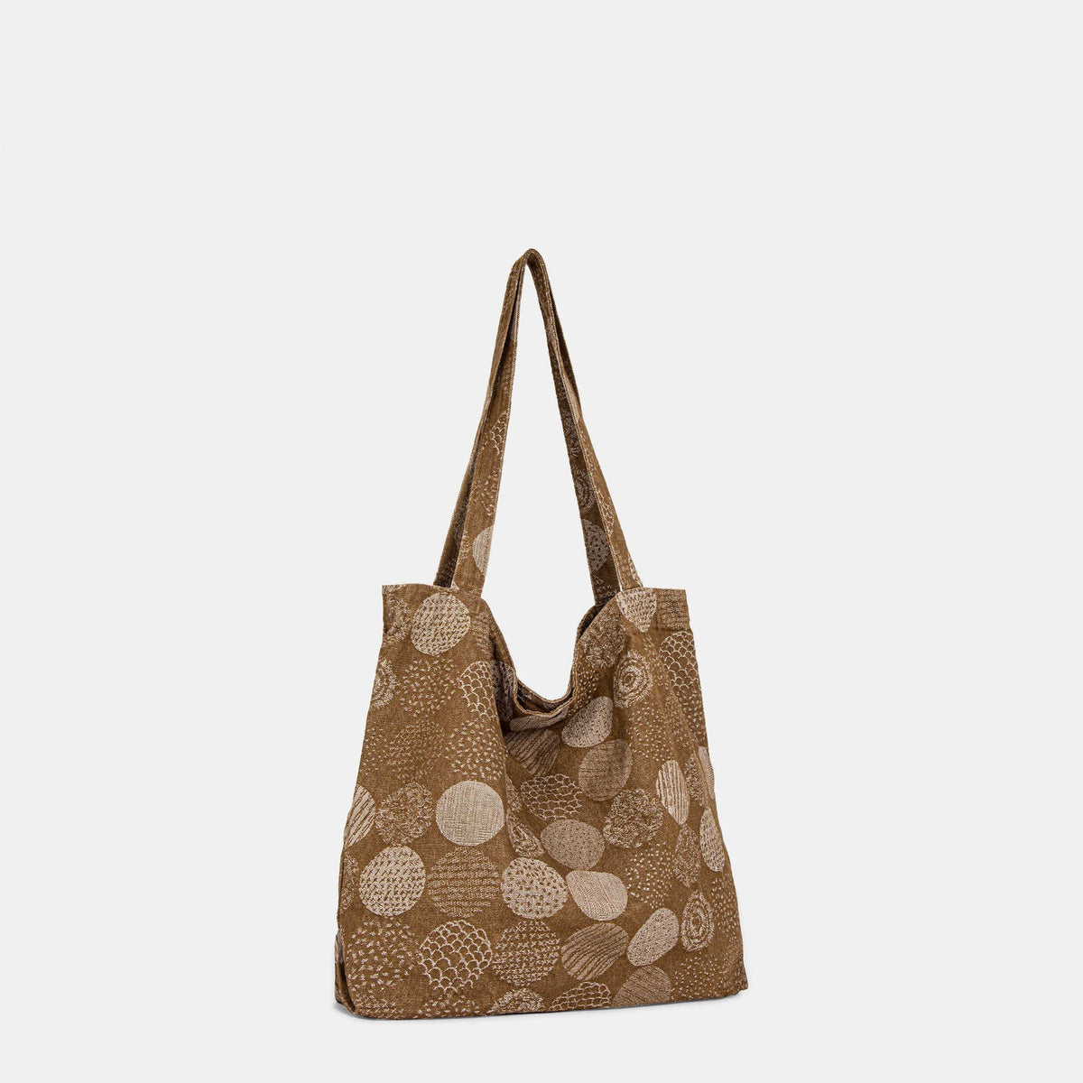 Morvea women's fabric tote bag with embroidered circle pattern and snap closure in brown